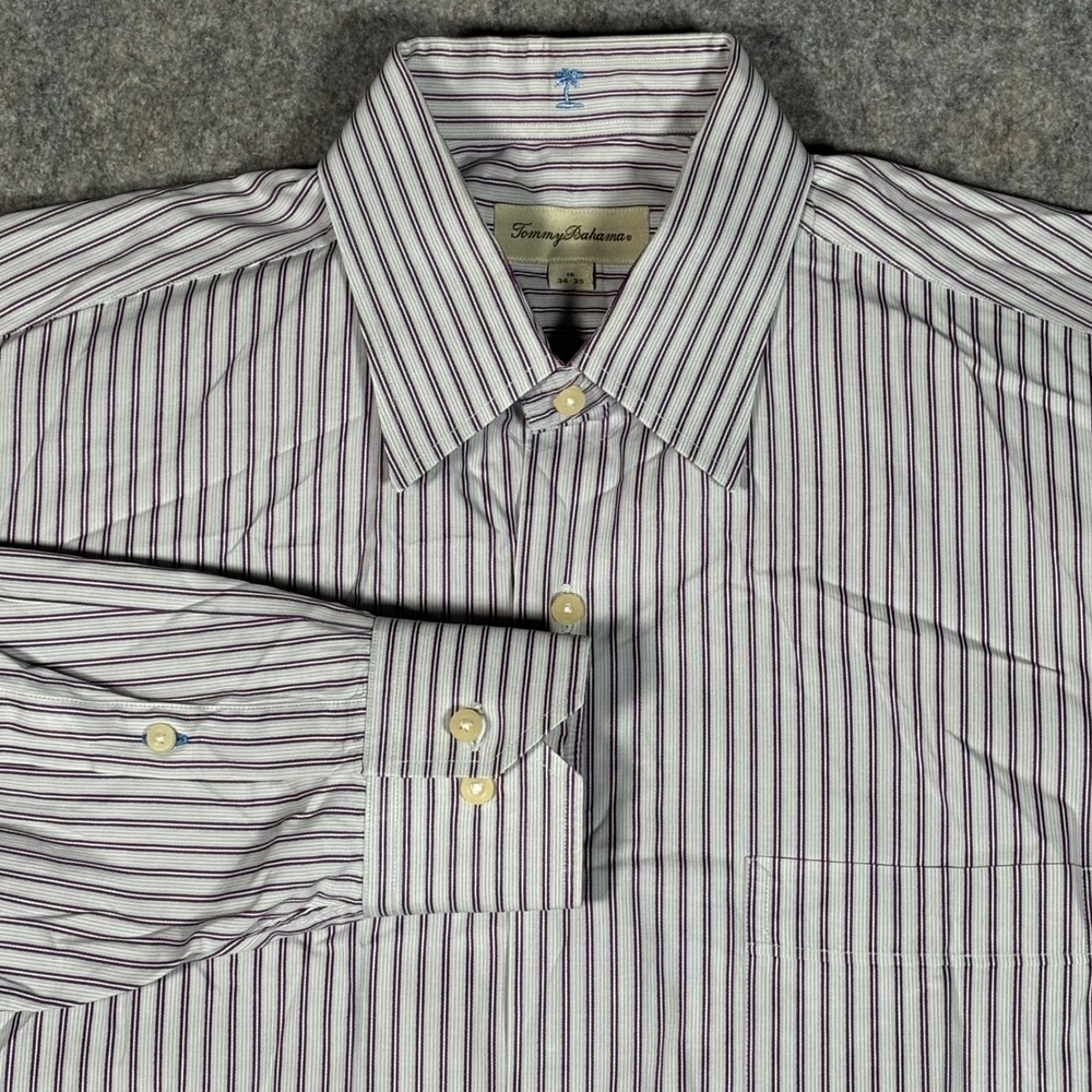 Tommy Bahama Striped Button Down Dress Shirt 16 34-35 Purple White 100% Cotton
